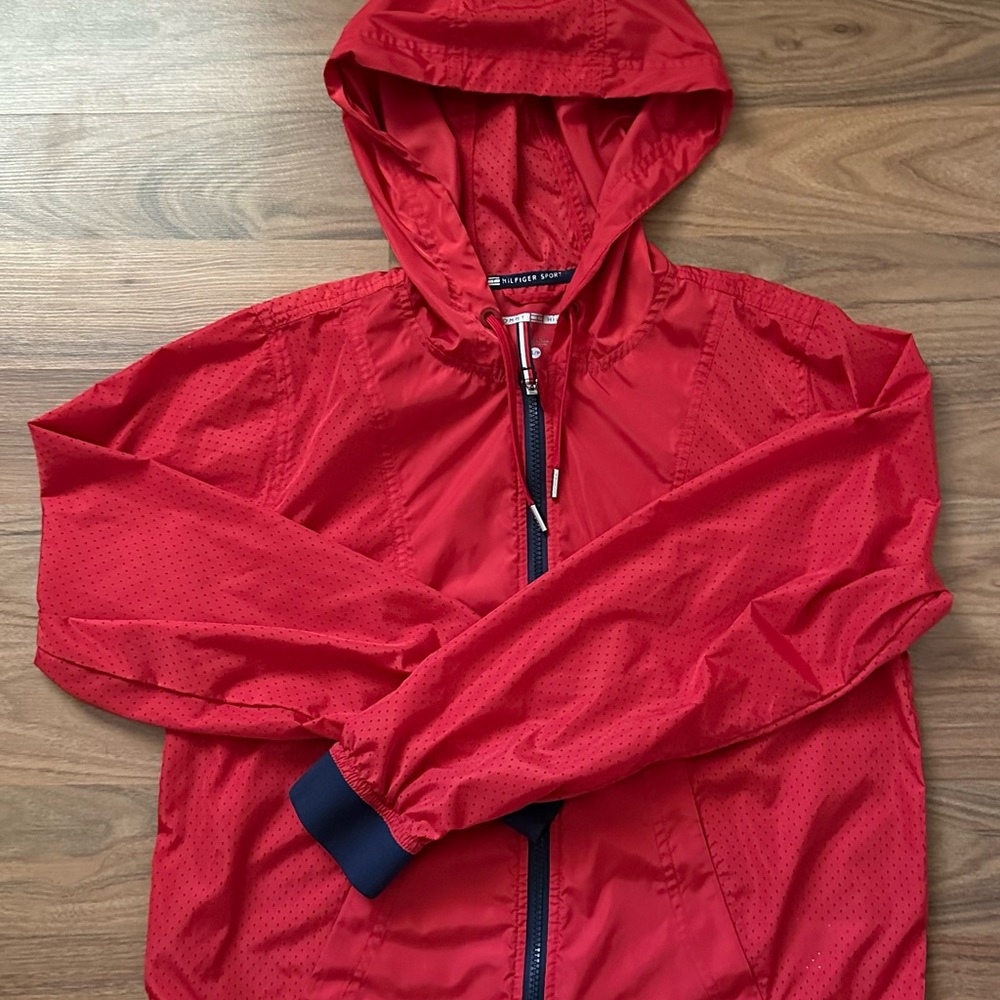Tommy Hilfiger Women's Red Windbreaker Zip Up Hooded Jacket Size S
